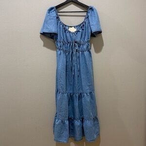 Indulge Medium Wash Short Sleeve Chambray Denim Tiered Maxi Dress Size L